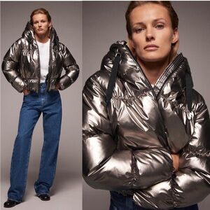 Zara Metallic hooded puffer coat jacket Size L